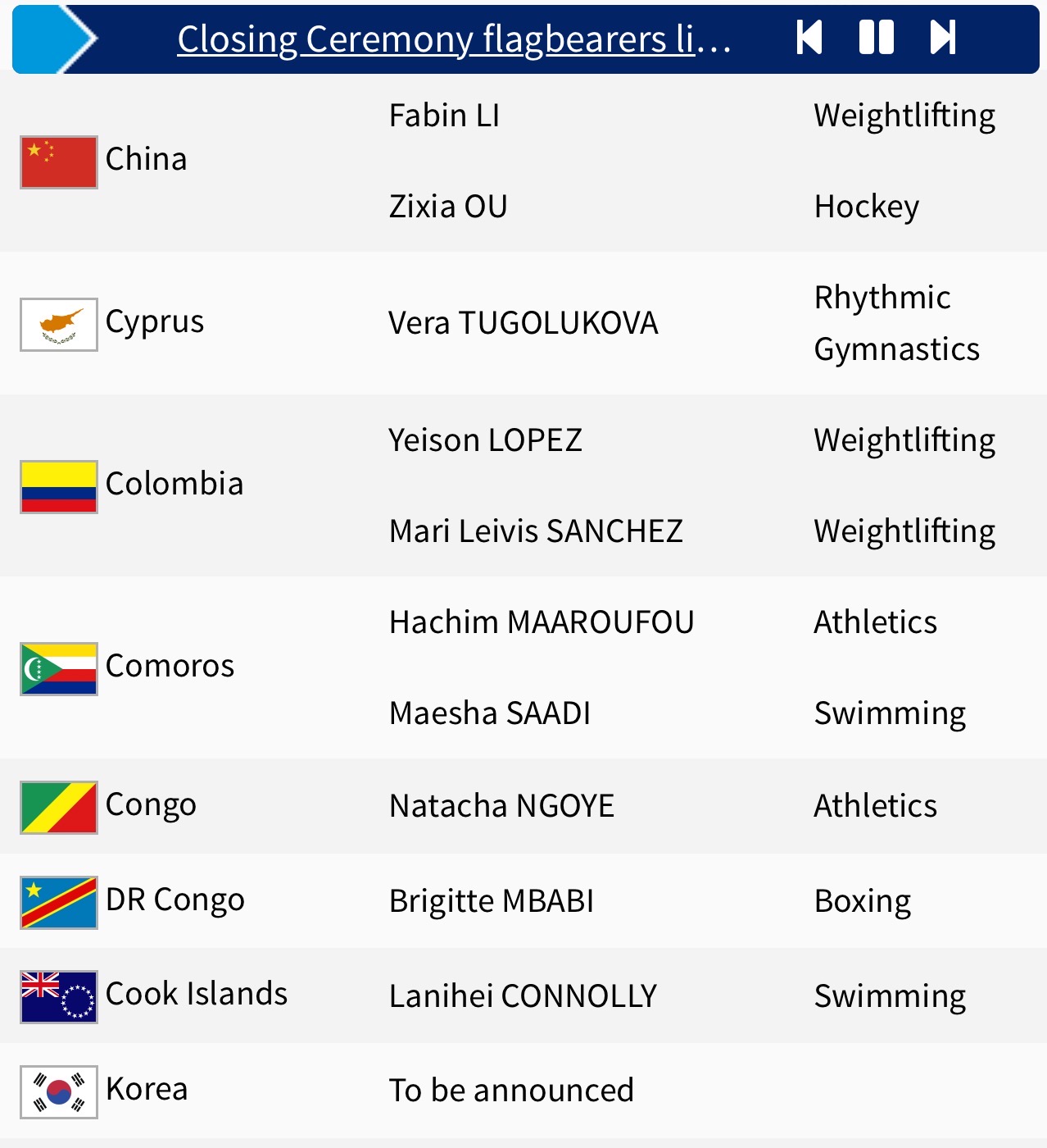 巴黎奥运会闭幕式中国旗手李发彬欧紫霞亮相 举