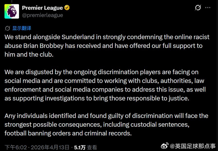 桑德兰与英超联手声援布罗比 集中整治网络种族